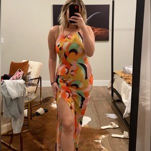 Halter abstract mesh maxi